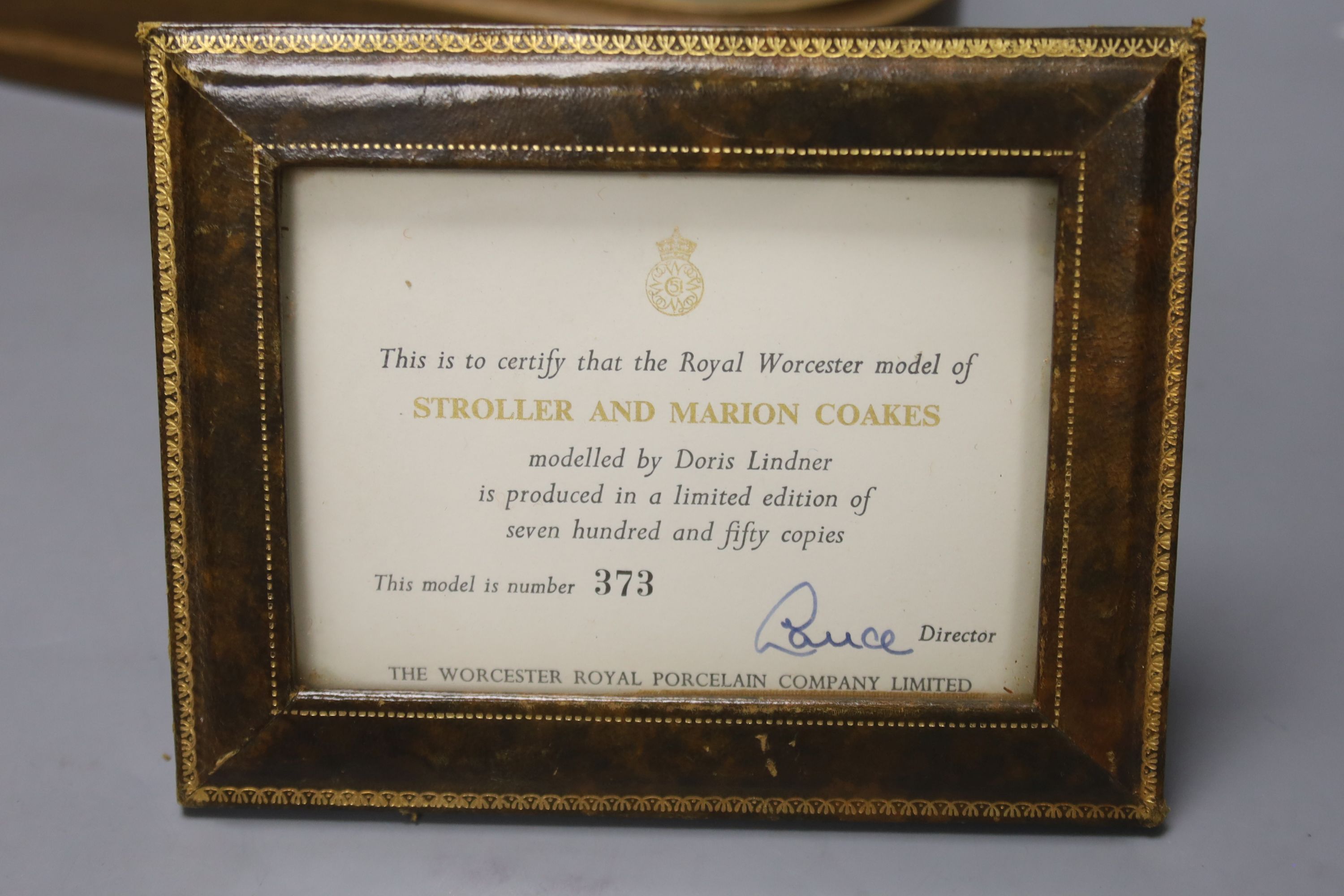 Doris Lindner for Royal Worcester, a limited edition figure, 'Marion Coakes on Stroller', no. 524/750, circa 1970, on wooden plinth, with certificate